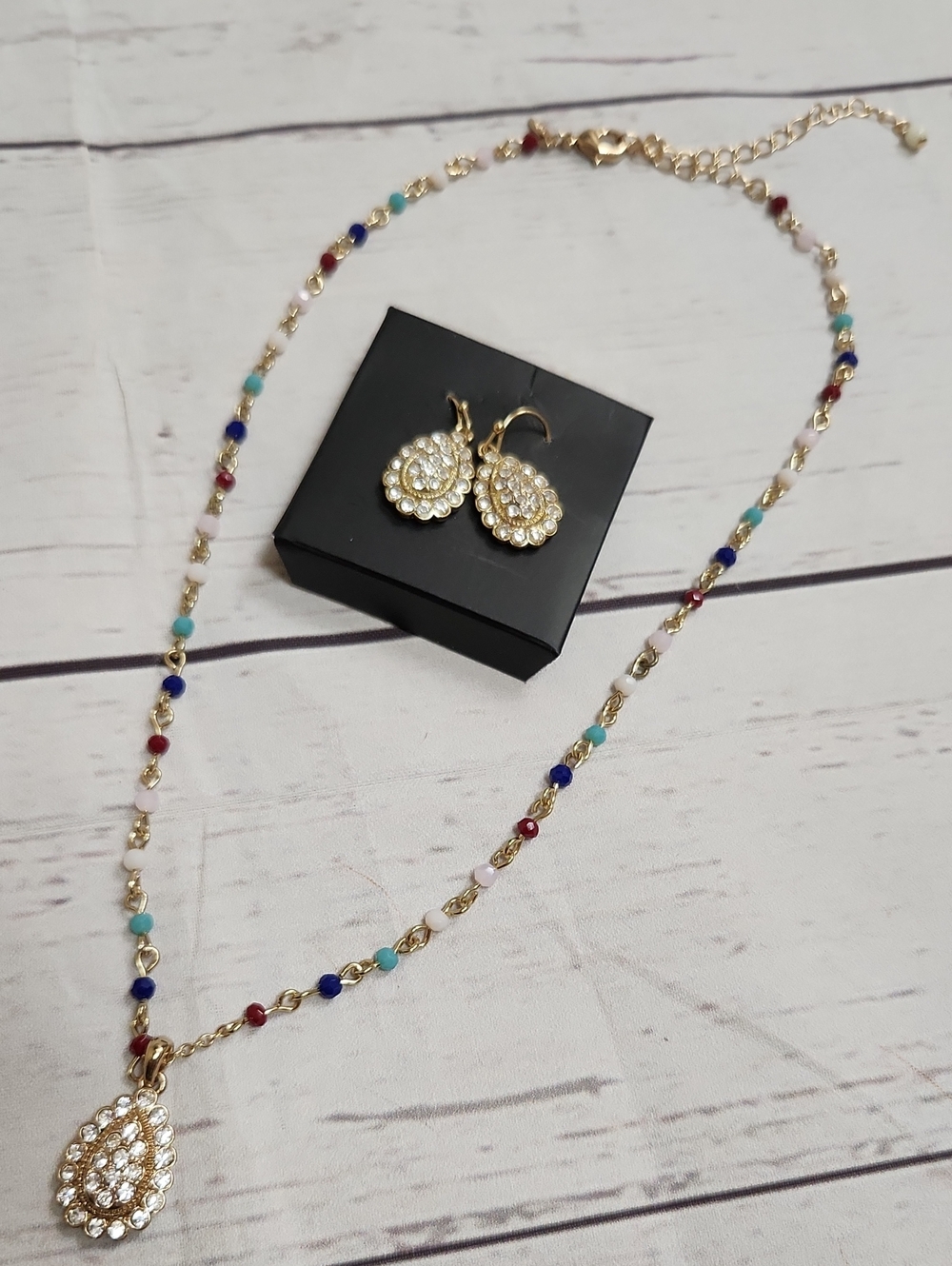 Gold Teardrop Crystal Necklace and Earrings Set with Multicolor Beads